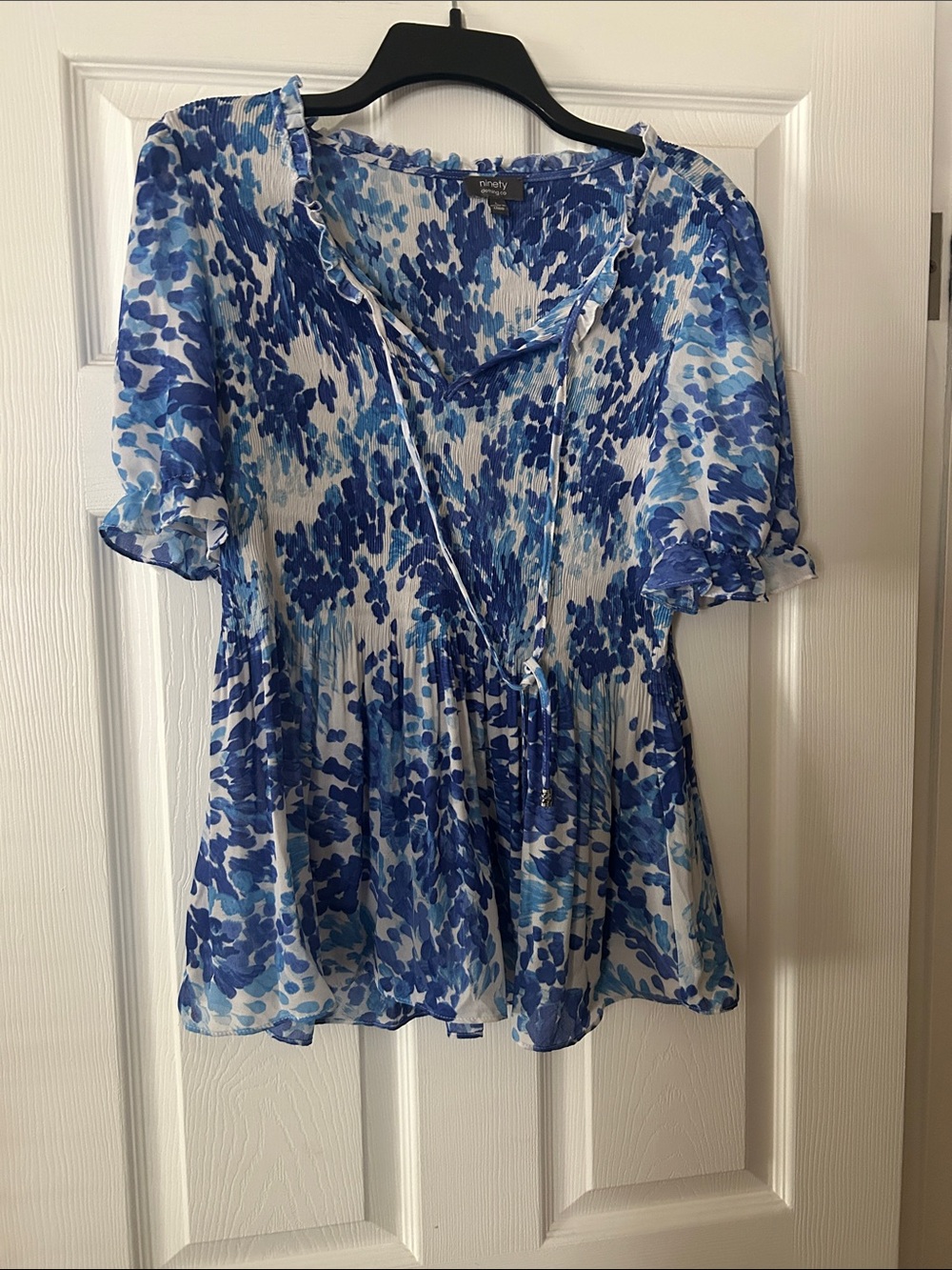 Nine West Blue & White Floral Pleated Tie-Front Blouse